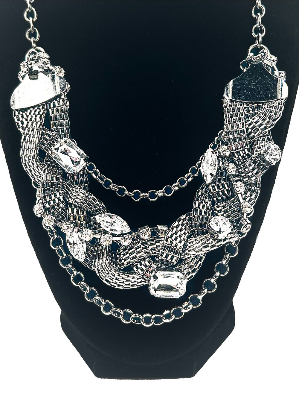 Sofia by Sofia Vergara Silver Tone Mesh Rhinestone Statement Necklace